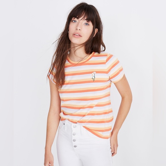 Madewell Tops - Madewell, orange and purple stripe floral embroidered T-shirt XXL